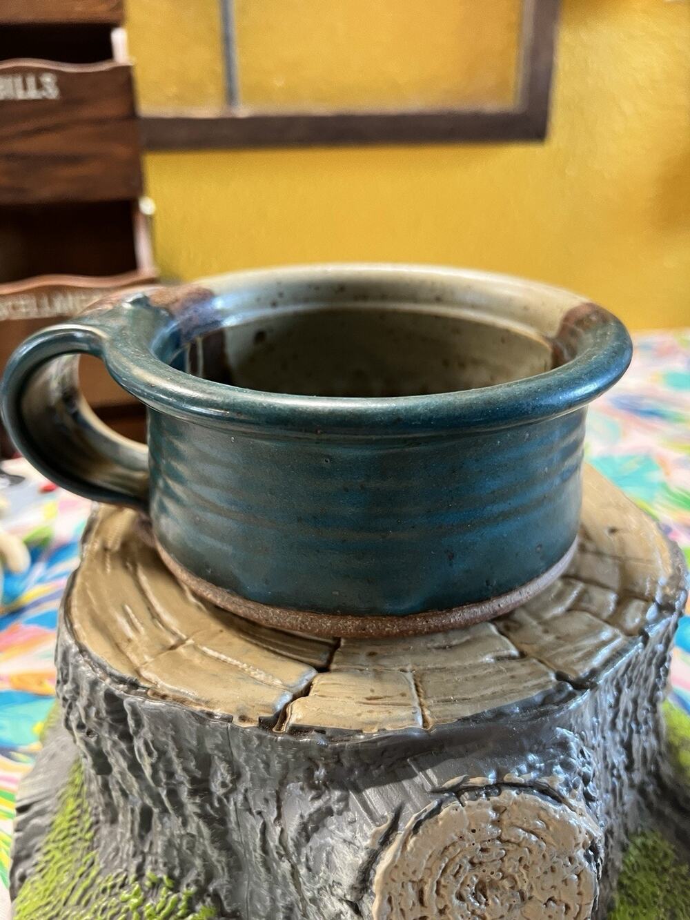 Handmade Studio Pottery Soup Mug Bowl Teal Brown Speckled Glaze 5 3/8”